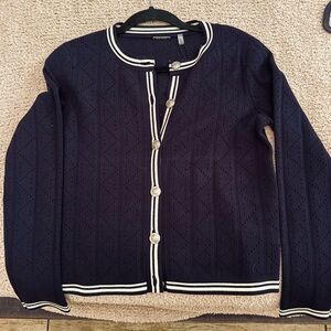 SOLD Elie Tahari navy pointelle soft but polished cardigan white trim. Size S